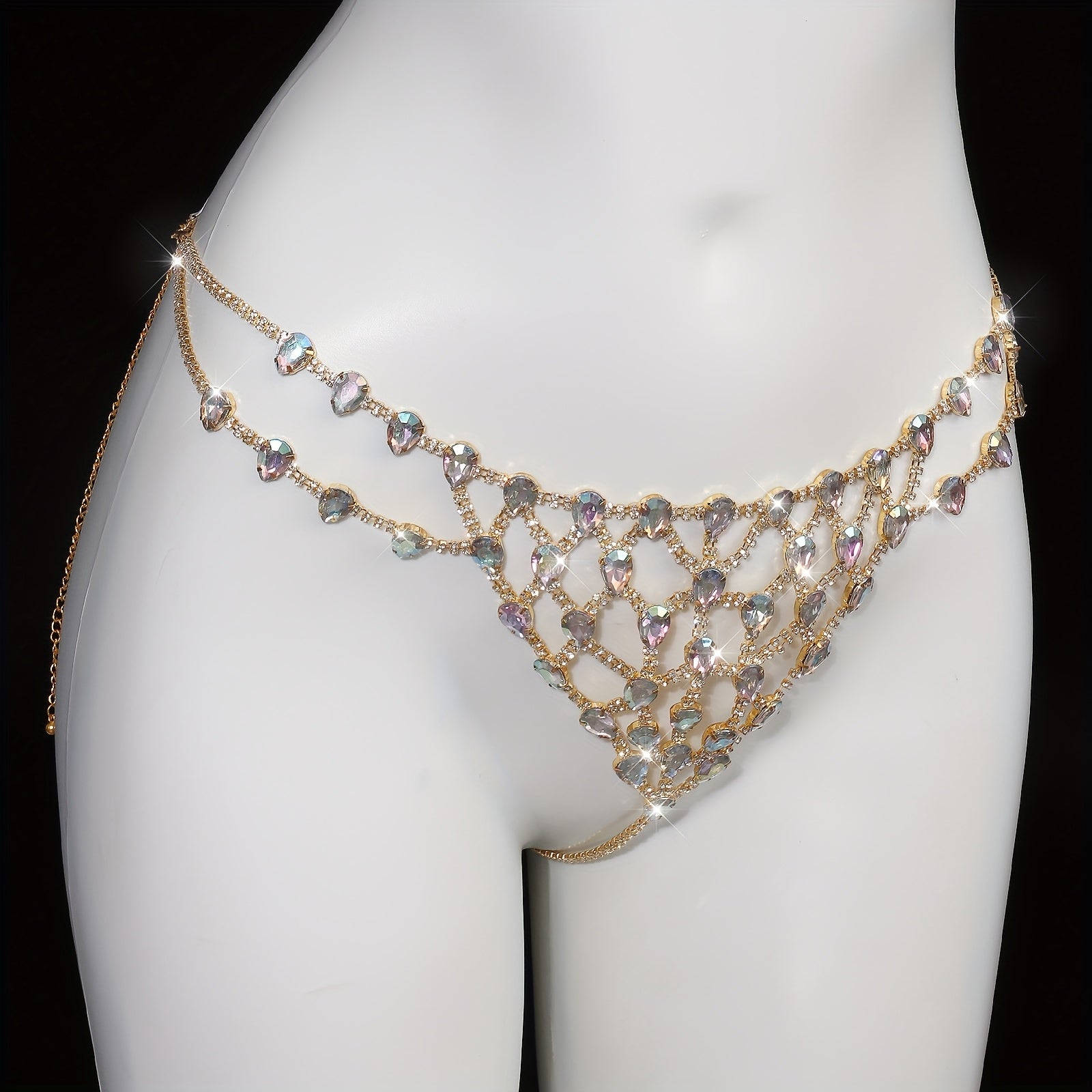 1 Set Sexy Glitter Style Alloy Rhinestone Bra and Panty Body Chain, Colorful Water Sparkle Mesh Design, Ideal for Stage Performances, Fashion Shows, Carnival Parties, Beach Holidays - All Seasons, Party Accessory|Glamorous St